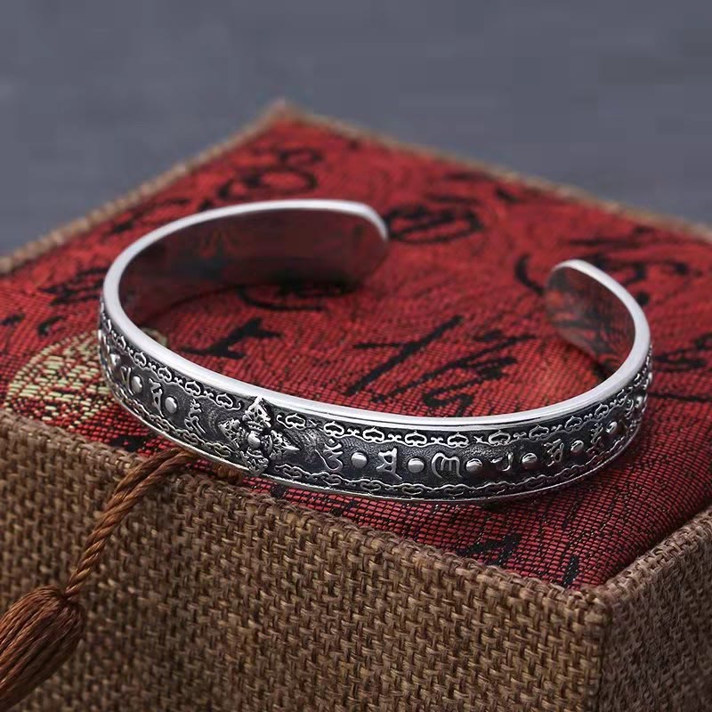 KarmaRipple's 925 Sterling Silver Om Mani Padme Hum Double Dorje Engraved Wisdom Cuff Bracelet Bangle p12