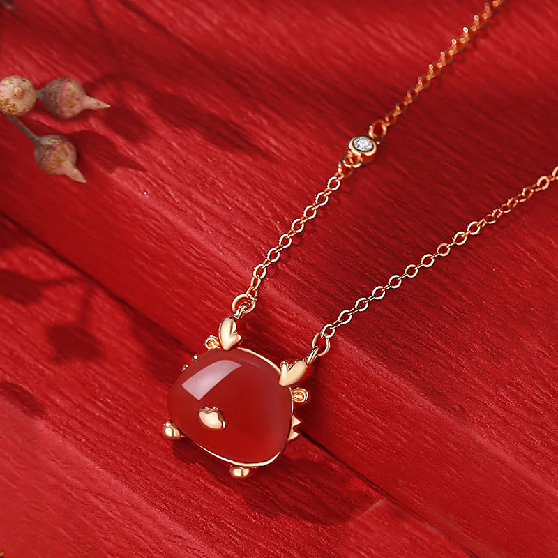 KarmaRipple's 925 Sterling Silver Year of the Dragon Authentic Hetian Jade Red Agate Cute Dragon Protection Success Bracelet Pendant Necklace Earrings ( p6