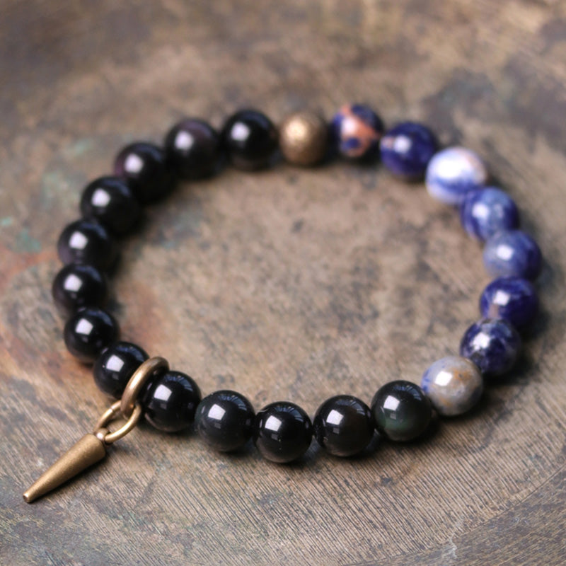KarmaRipple's Black Obsidian Sodalite Gemstone Bronze Strength Pair Bracelet p23