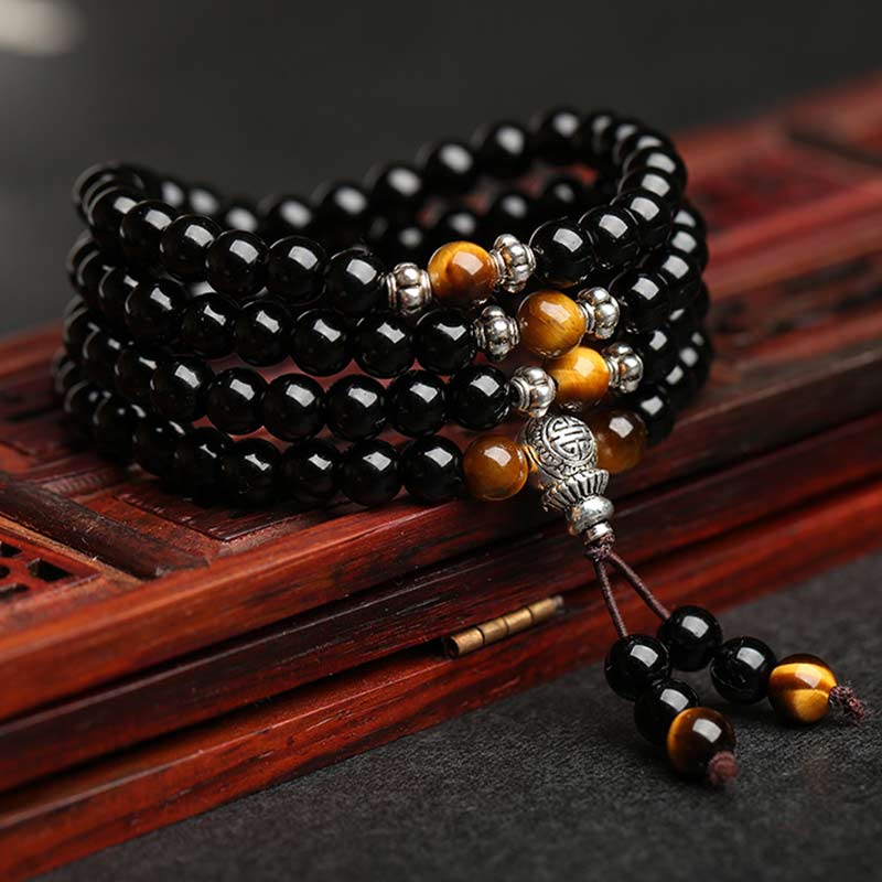 KarmaRipple's Black Obsidian Tiger Eye Blessing Mala Bracelet p9
