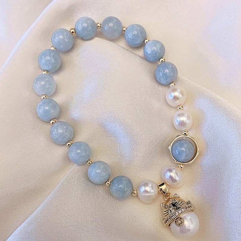 KarmaRipple's Aquamarine Pearl Peace Balancing Fortunate Cat Talisman Bracelet p2