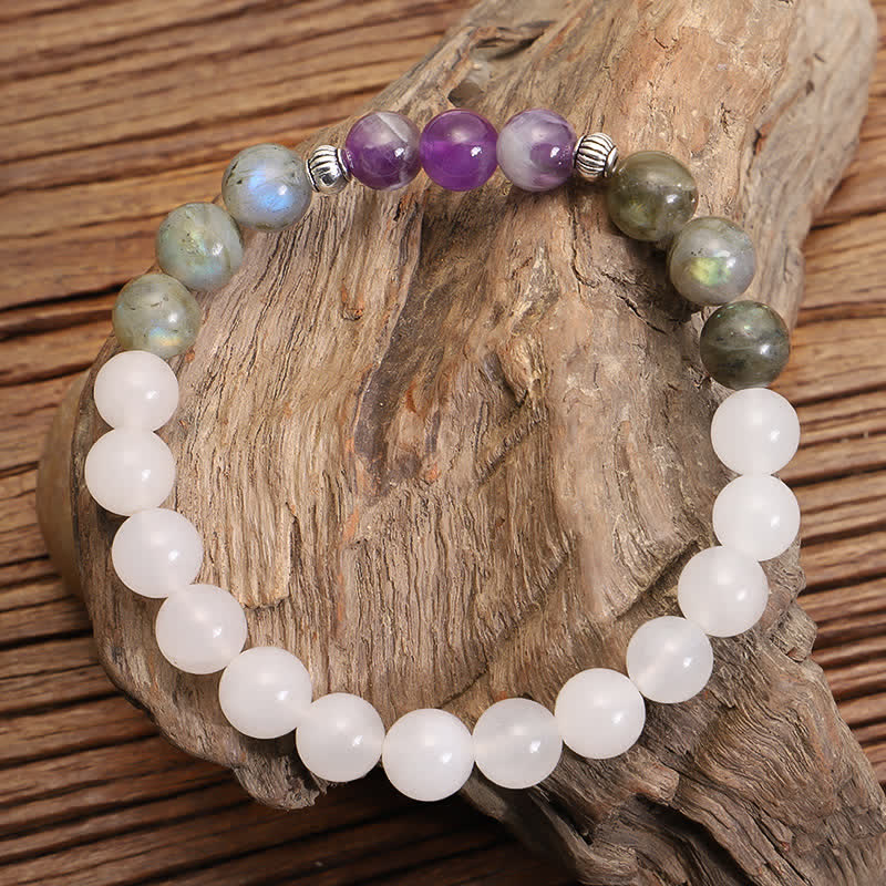 KarmaRipple's 108 Mala Beadwork Ivory Agate Amethyst Black Glitter Stone Protection Bracelet p15