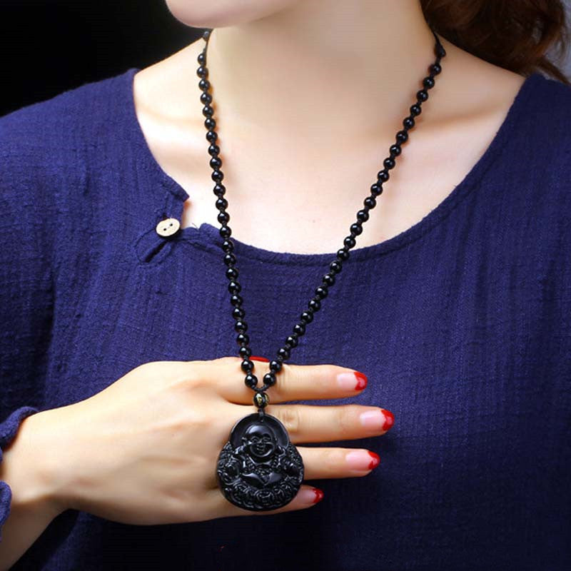 KarmaRipple's Laughing Buddha Black Obsidian Strength Protection Necklace Pendant p3