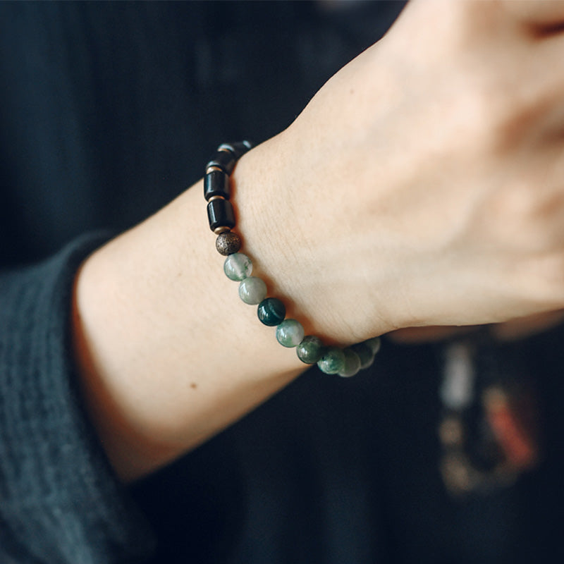 KarmaRipple's Ebony Wood Red Jasper Moss Agate Gemstone Bronze Peace Pair Bracelet p10