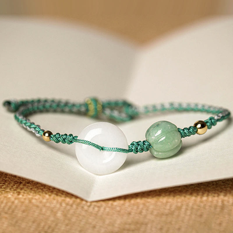 KarmaRipple's Ivory Jade Peace Buckle Pumpkin Bead Fortune Blessing Woven Bracelet p3