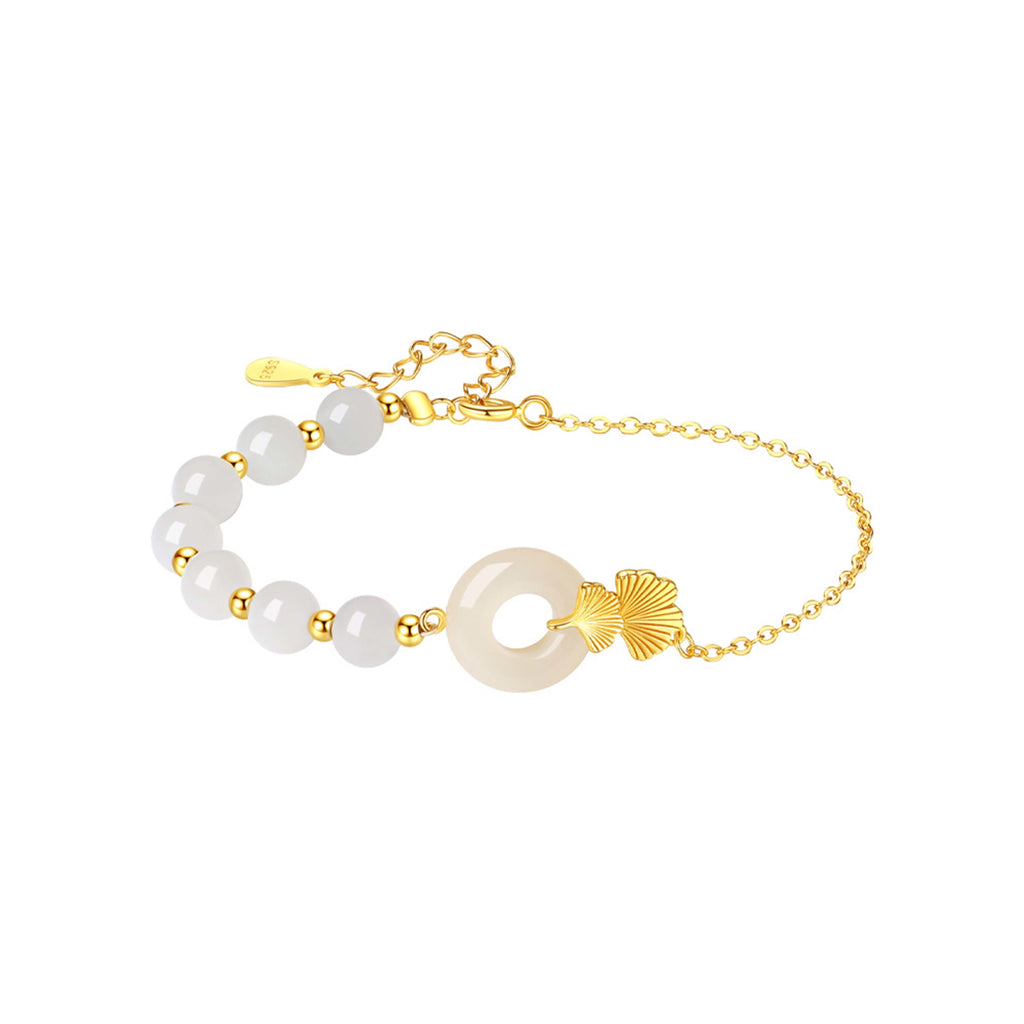 KarmaRipple's 925 Sterling Silver Hetian Ivory Jade Peace Buckle Ginkgo Leaf Fortune Bracelet p10