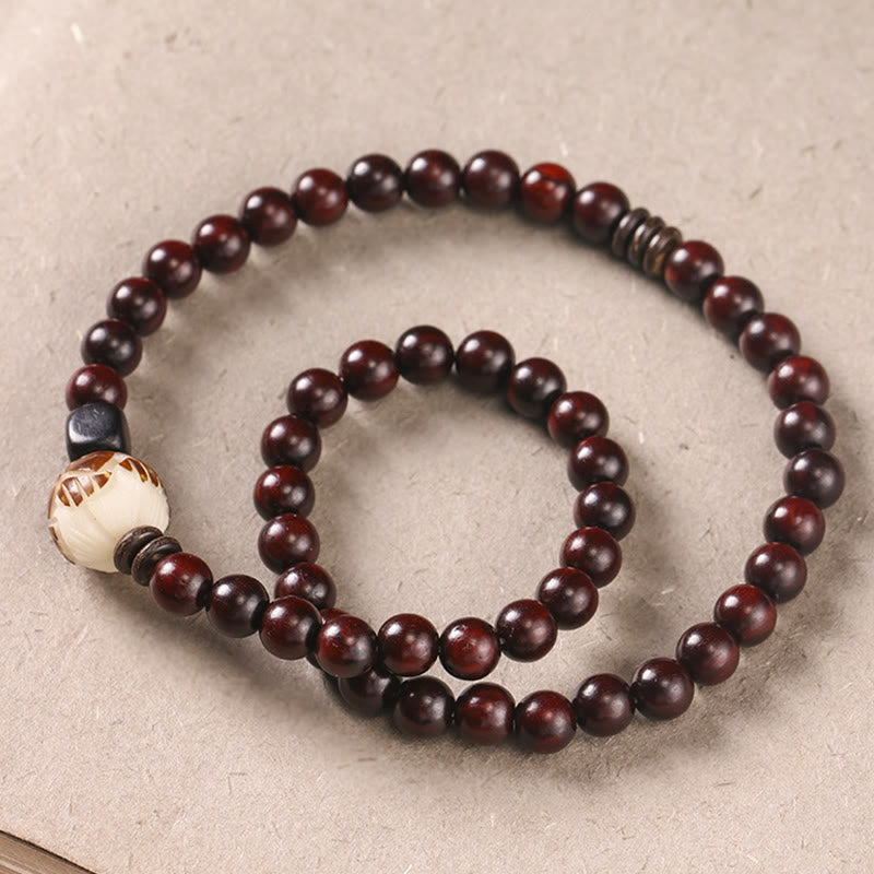KarmaRipple's Small Leaf Red Sandalwood Lotus Bodhi Seed Carved Protection Double Wrap Bracelet p3
