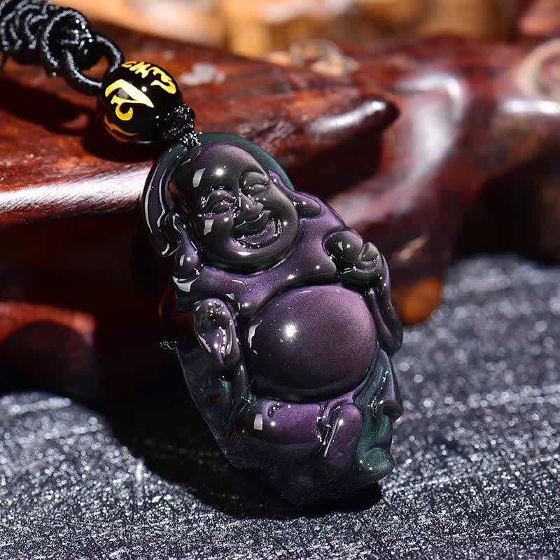KarmaRipple's Authentic Rainbow Obsidian Laughing Buddha Inner Peace Pendant Necklace p3