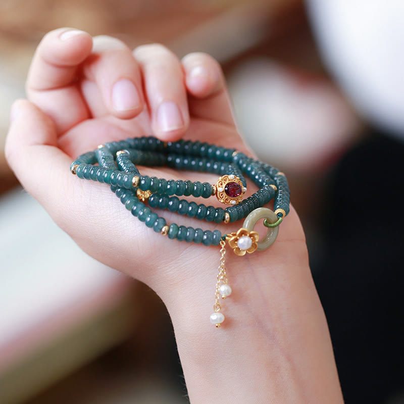 KarmaRipple's 925 Sterling Silver Gold Plated Cyan Jade Flower Peace Buckle Success Triple Wrap Bracelet p2
