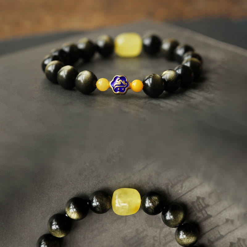 KarmaRipple's 925 Sterling Silver Chinese Zodiac Natal Buddha Authentic Gold Sheen Obsidian Amber Wealth Protection Bracelet p17