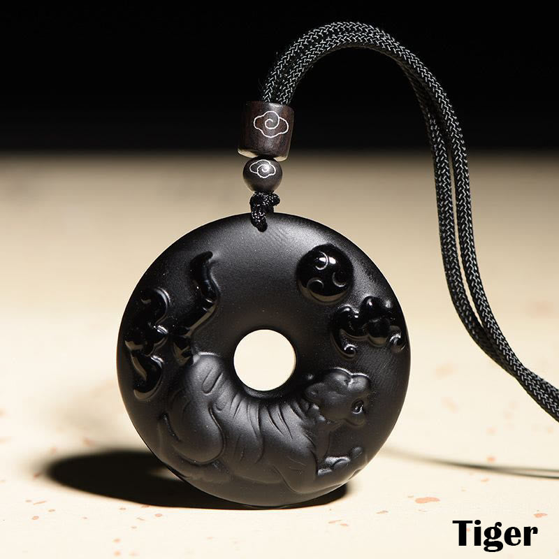 KarmaRipple's Chinese Zodiac Authentic Black Obsidian Peace Buckle Strength Pendant Necklace p32