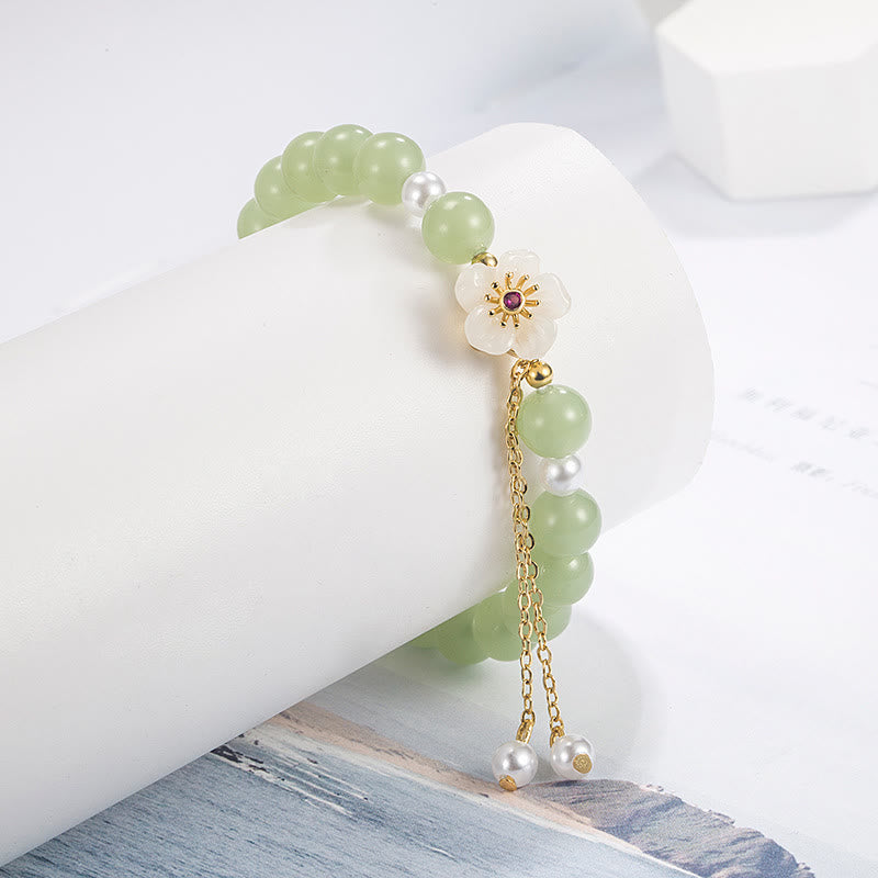 KarmaRipple's Jade Peach Blossom Flower Pearl Fortune Blessing Bracelet p4