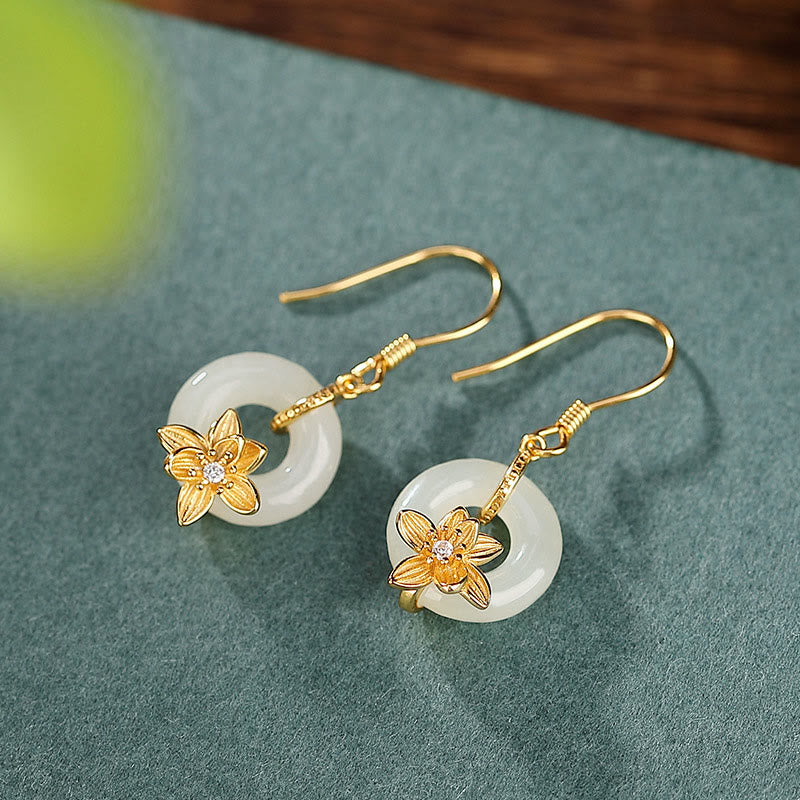 KarmaRipple's 925 Sterling Silver Hetian Jade Peace Buckle Orchid Prosperity Earrings p4