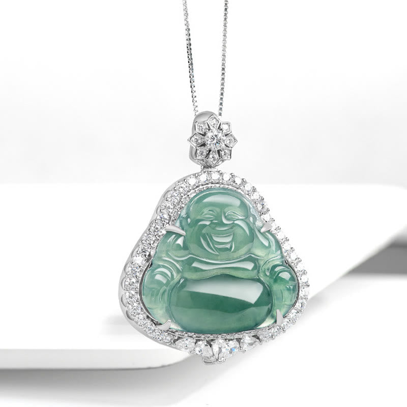 KarmaRipple's 925 Sterling Silver Laughing Buddha Authentic Jade Fortune Abundance Chain Pendant Necklace p2