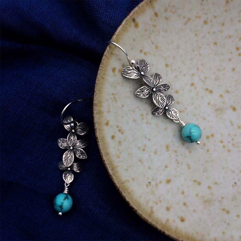 KarmaRipple's 925 Sterling Silver Turquoise Lazurite Flower Leaf Serenity Protection Hook Drop Dangle Earrings p7