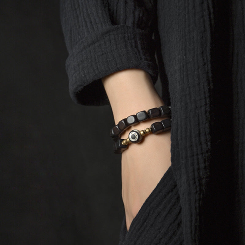 KarmaRipple's Ebony Wood Dzi Bead Bronze Peace Pair Bracelet p3