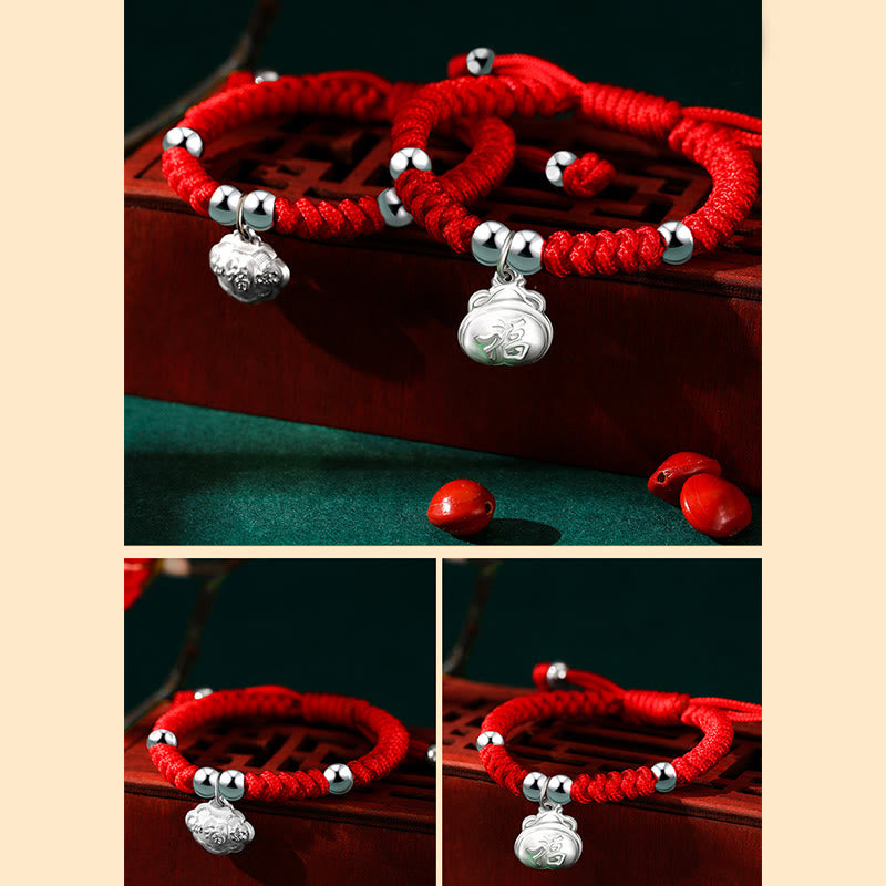 KarmaRipple's 925 Sterling Silver Handmade Fu Character Fortunate Money Bag Chinese Lock Talisman Bell Lotus Bronze Coin King Kong Weave Woven Kids Bracelet p19