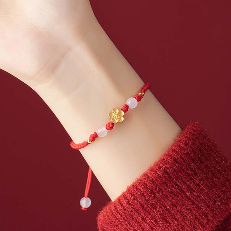 KarmaRipple's Handmade 925 Sterling Silver Peach Blossom Cherry Sakura Chalcedony Bead Fortune Red Rope Bracelet p9