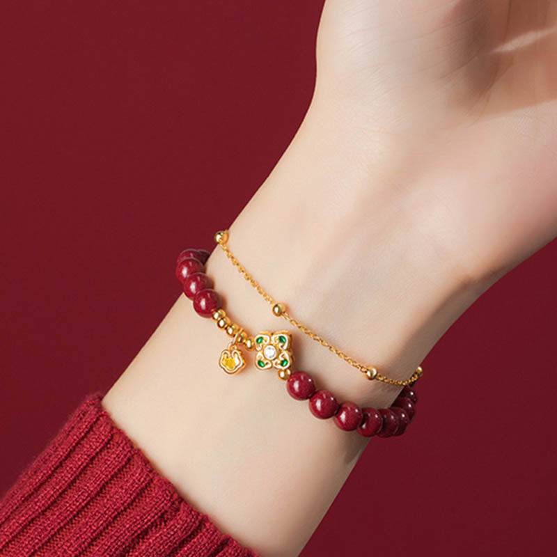 KarmaRipple's 925 Sterling Silver Authentic Cinnabar Four Leaf Clover Flower Blessing Chain Bracelet p6