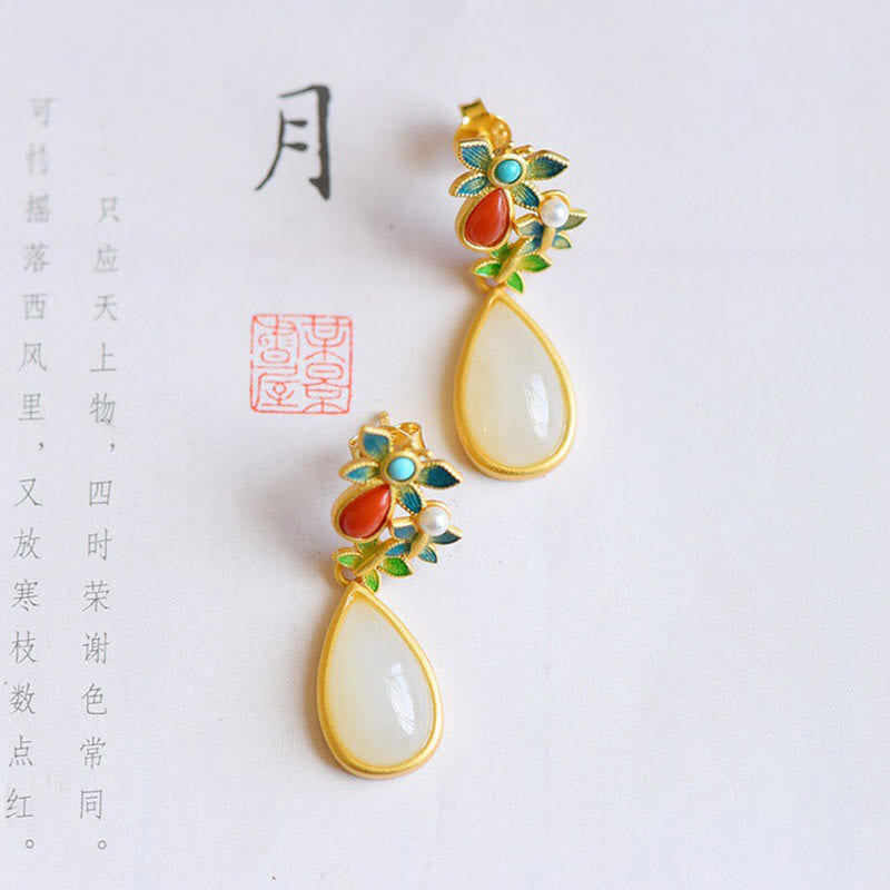 KarmaRipple's Water Drop Ivory Jade Red Agate Butterfly Protection Drop Dangle Earrings p4