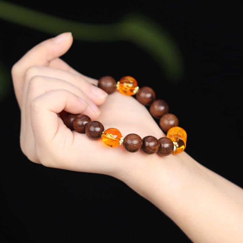 KarmaRipple's Authentic Phoebe Zhennan Wood Om Mani Padme Hum God Of Wealth Gemstone Protection Bracelet p12