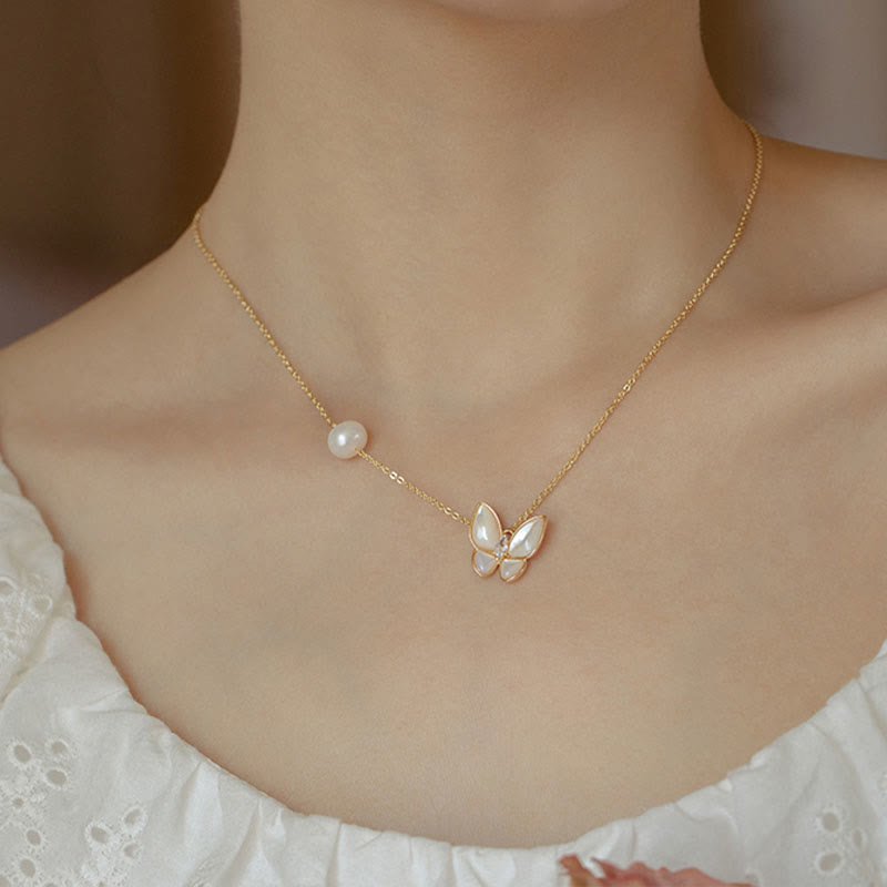 KarmaRipple's 14K Gold Plated Bronze Pearl Tridacna Stone Butterfly Blessing Ring Bracelet Pendant Necklace Earrings Set p17