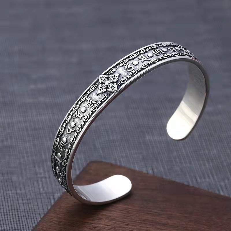 KarmaRipple's 925 Sterling Silver Om Mani Padme Hum Double Dorje Engraved Wisdom Cuff Bracelet Bangle p2