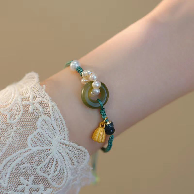 KarmaRipple's Authentic Hetian Jade Peace Buckle Pearl Fortune Handcrafted Woven Bracelet p4