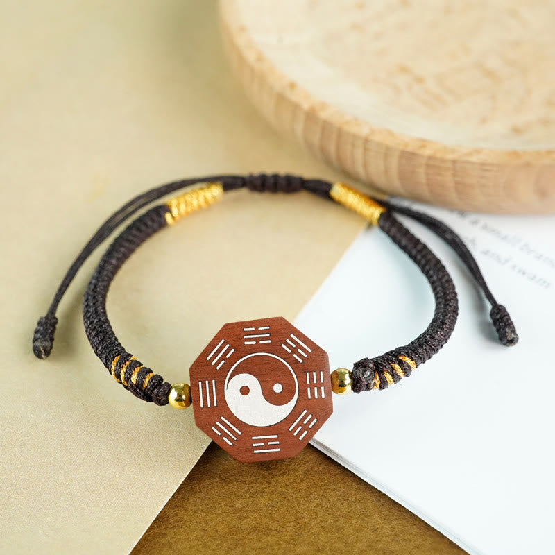 KarmaRipple's Small Leaf Red Sandalwood Jujube Wood Ebony Wood Silver Inlaid Yin Yang Bagua Big Dipper Protection Bracelet p5