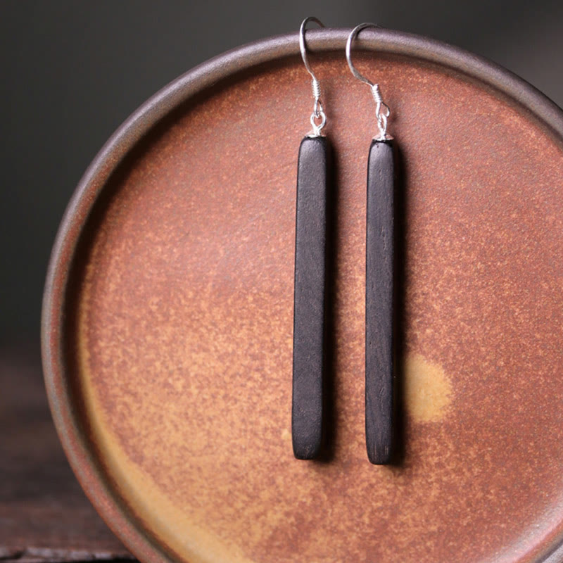 KarmaRipple's 925 Sterling Silver Ebony Wood Texture Balance Peace Drop Dangle Earrings p6