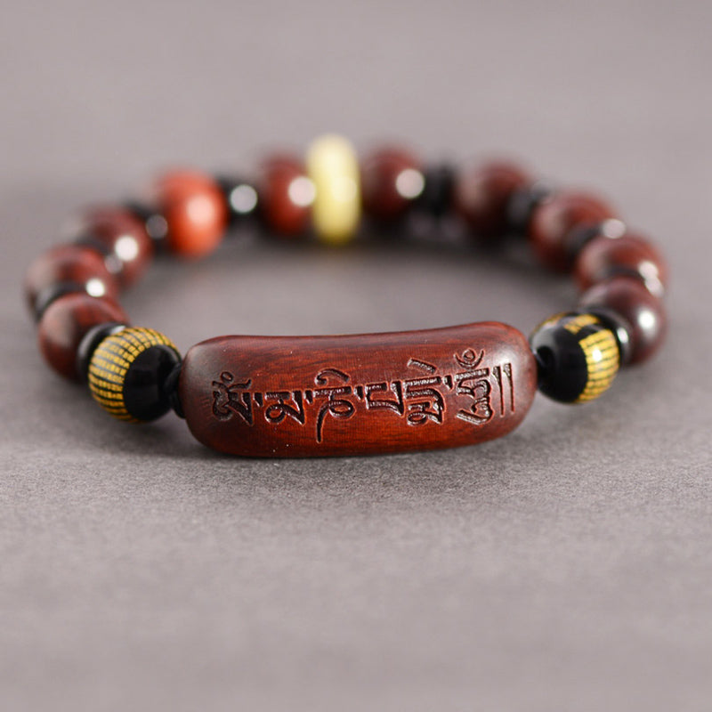 KarmaRipple's Small Leaf Red Sandalwood Om Mani Padme Hum Engraved Protection Bracelet p2