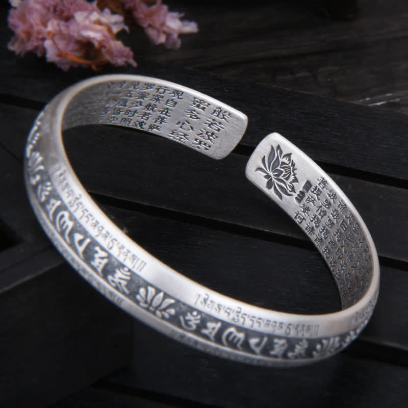KarmaRipple's 999 Sterling Silver Om Mani Padme Hum Heart Sutra Lotus Peace Bracelet Bangle p4