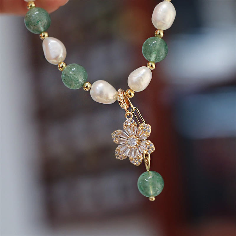 KarmaRipple's Authentic Green Strawberry Quartz Pearl Flower Talisman Love Bracelet p2