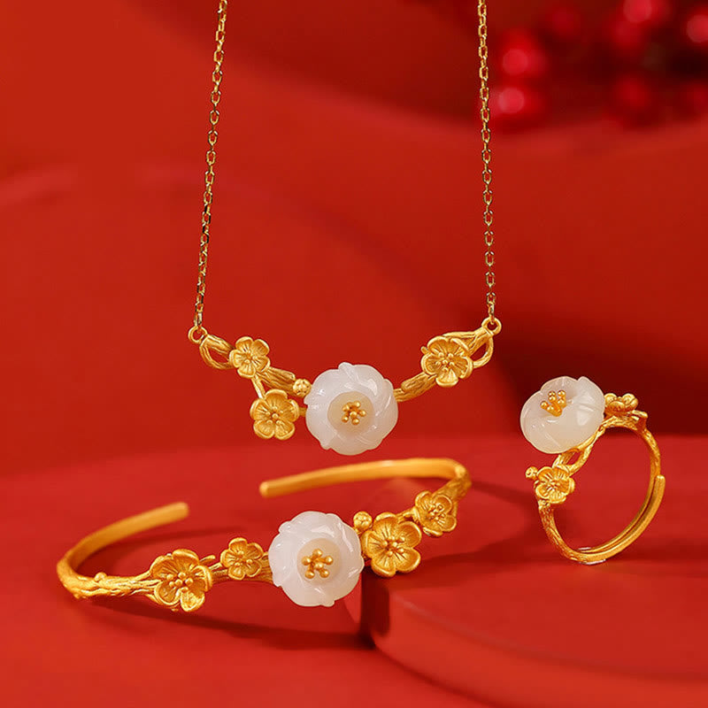KarmaRipple's 925 Sterling Silver Plated Gold Hetian Jade Plum Blossom Fortune Pendant Necklace Bracelet Bangle Ring p21