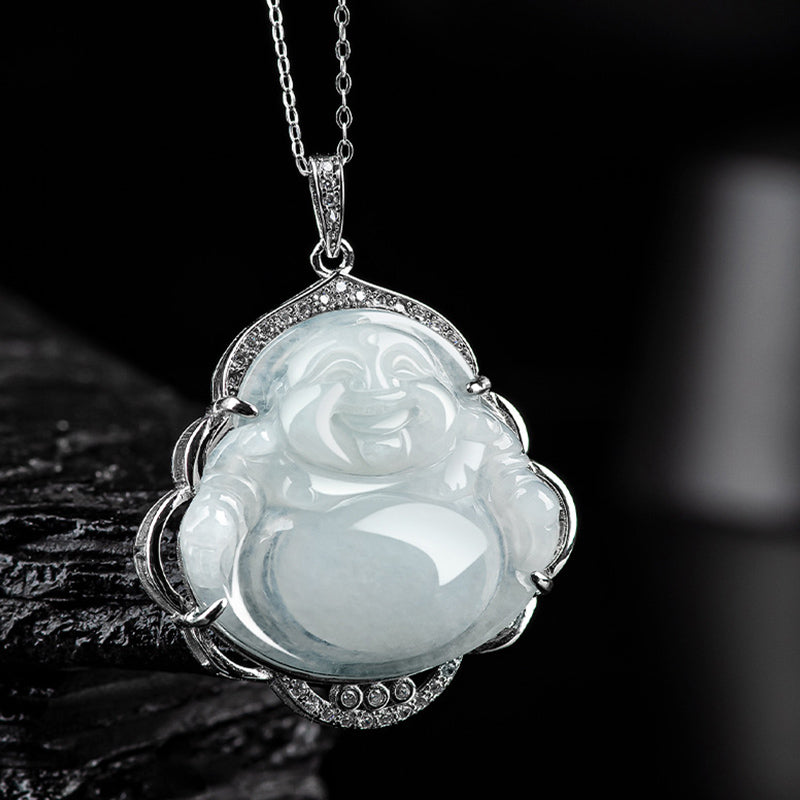 KarmaRipple's 925 Sterling Silver Laughing Buddha Authentic Jade Abundance Pendant Necklace p2