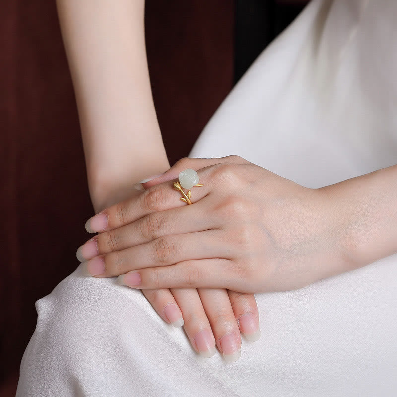 KarmaRipple's 925 Sterling Silver Plated Gold Rose Flower Hetian Ivory Jade Happiness Ring p7