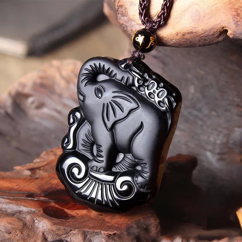 KarmaRipple's Black Obsidian Elephant Protection String Pendant Necklace Key Chain p9