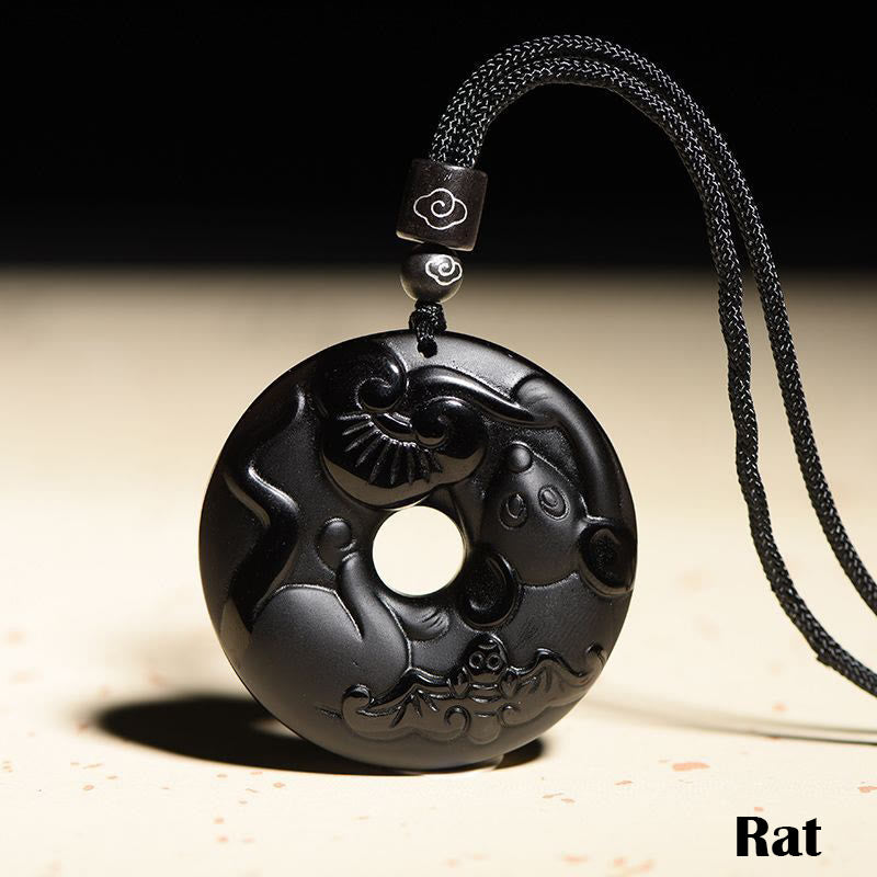 KarmaRipple's Chinese Zodiac Authentic Black Obsidian Peace Buckle Strength Pendant Necklace p2