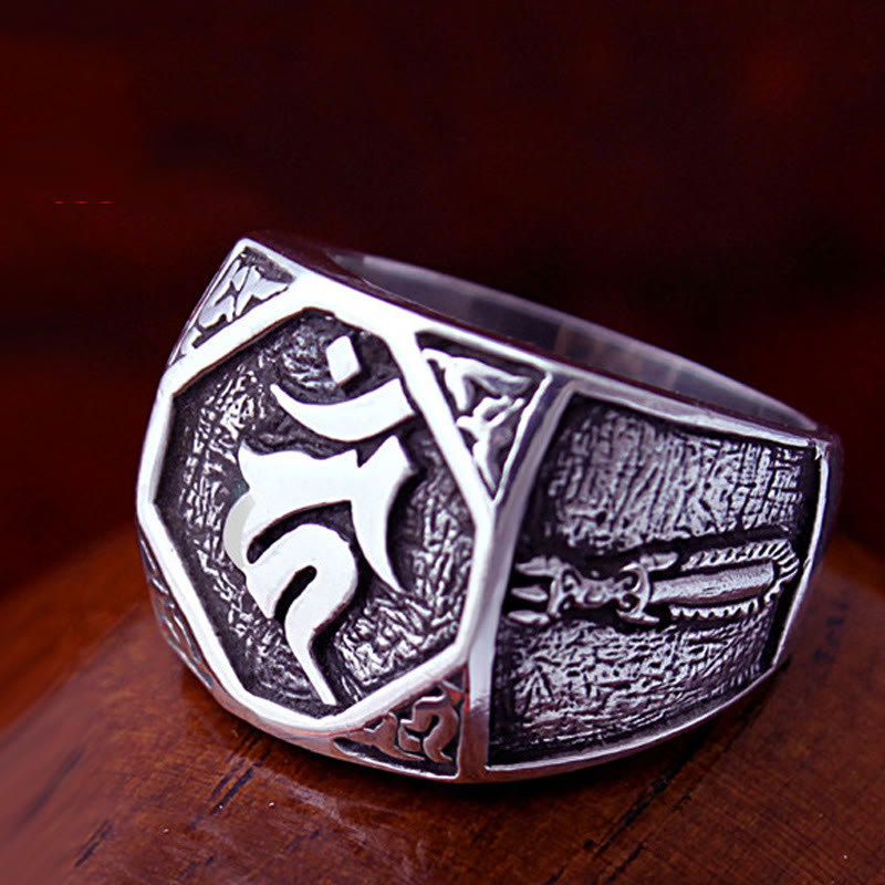 KarmaRipple's 925 Sterling Silver Sanskrit'sign Carved Protection Adjustable Ring p14