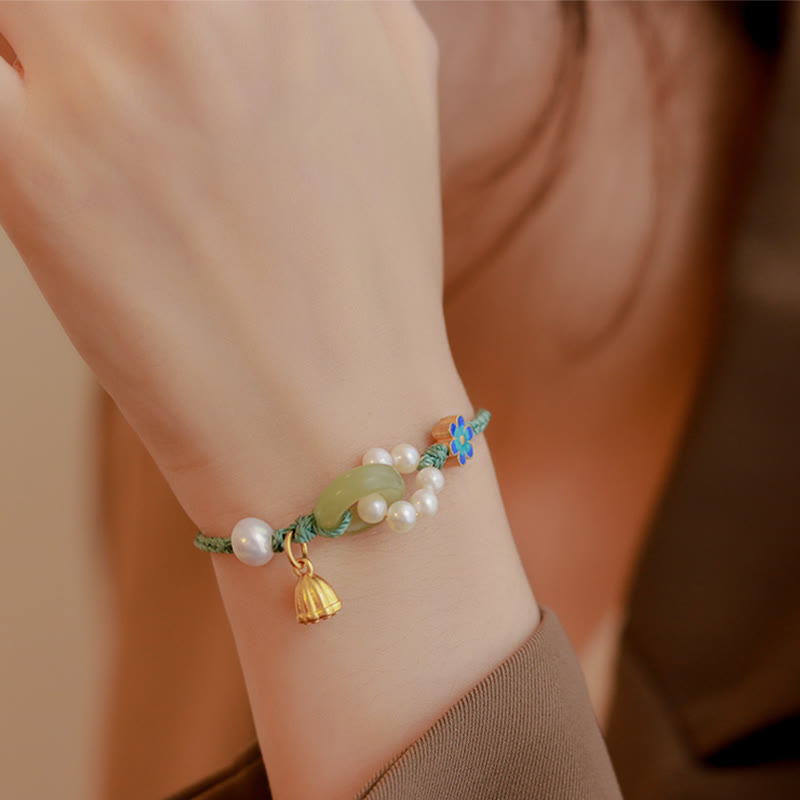 KarmaRipple's Authentic Hetian Jade Peace Buckle Pearl Fortune Handcrafted Woven Bracelet p17