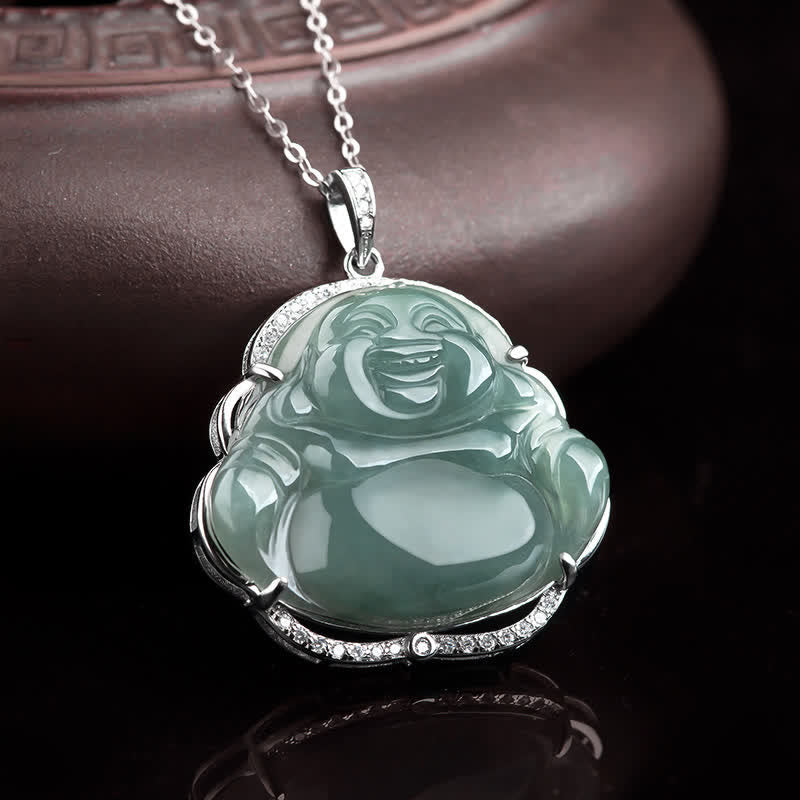 KarmaRipple's 925 Sterling Silver Laughing Buddha Authentic Jade Fortune Pendant Chain Necklace p2
