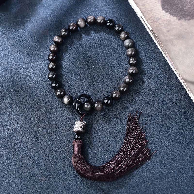 KarmaRipple's Authentic Silver Sheen Obsidian Lion Wrist Mala Protection Tassels Pocket Mala Car Decoration p2