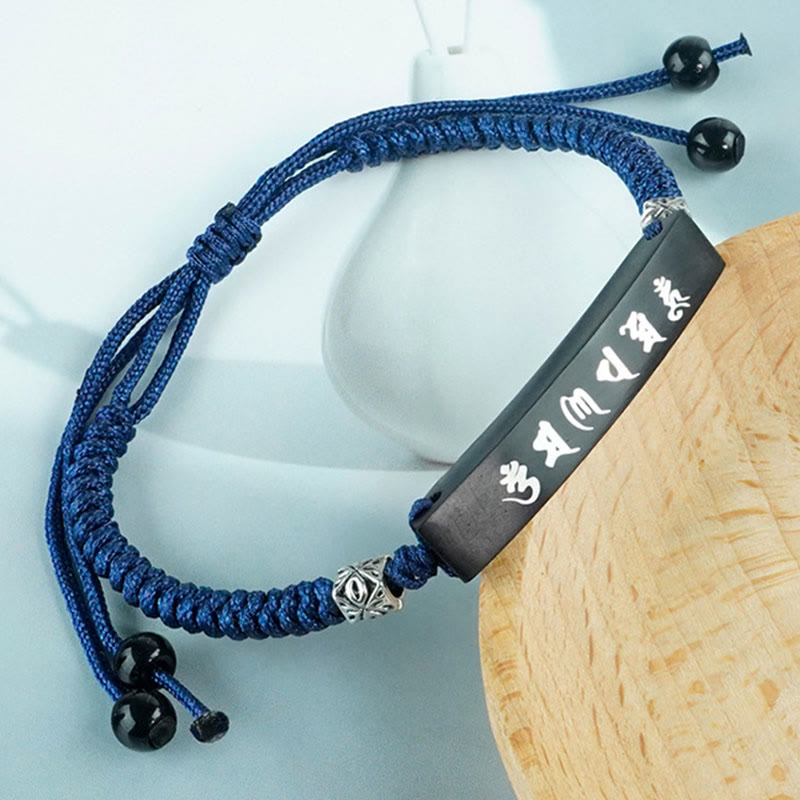 KarmaRipple's Buddhism Six True Words Wood Ebony Wood Silver Inlaid Protection Bracelet p1