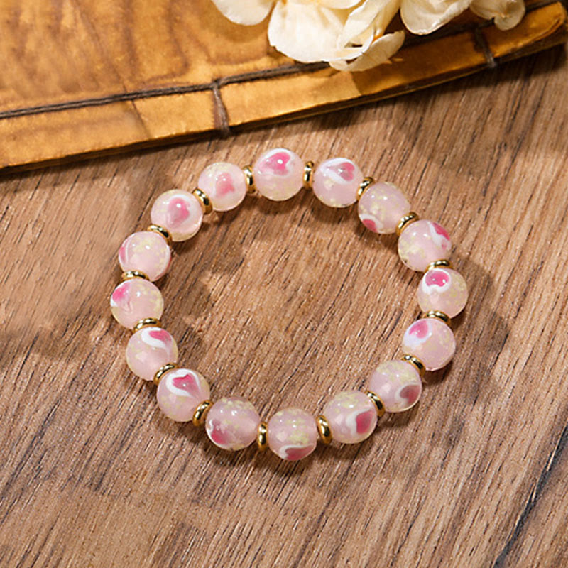 KarmaRipple's Gold Swallowing Beast Family Talisman Luminous Pink Love Heart Fluorescent Liuli Glass Bead Blessings Bracelet p12