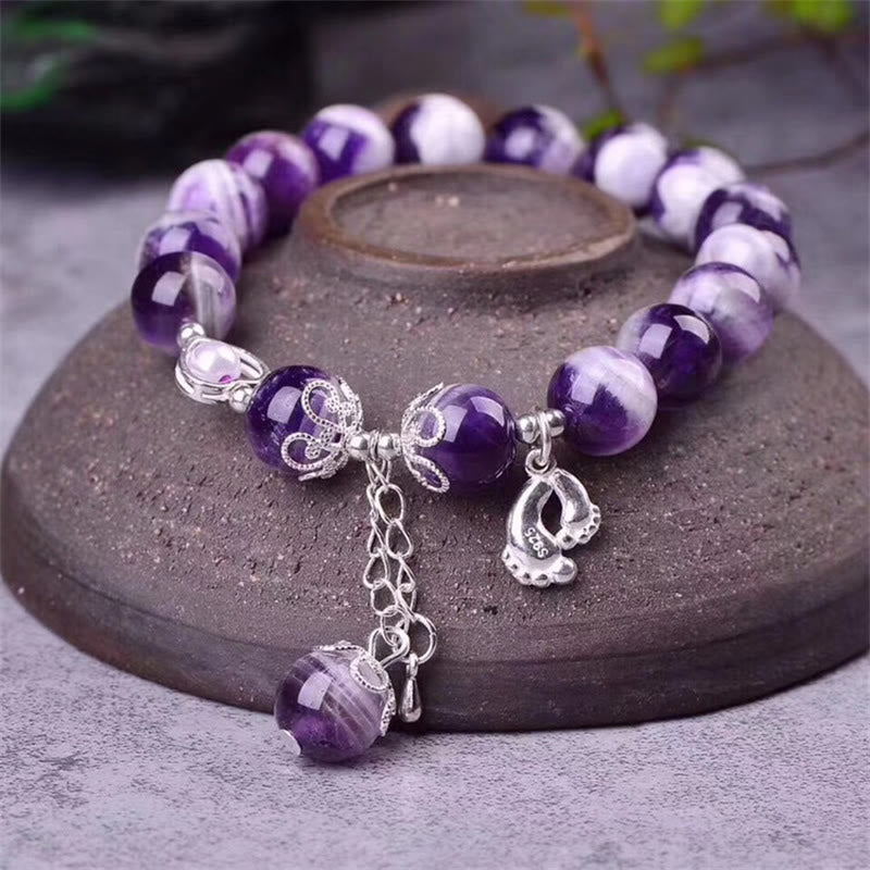 KarmaRipple's 925 Sterling Silver Authentic Amethyst Balancing Feet Love Heart Talisman Bracelet p8