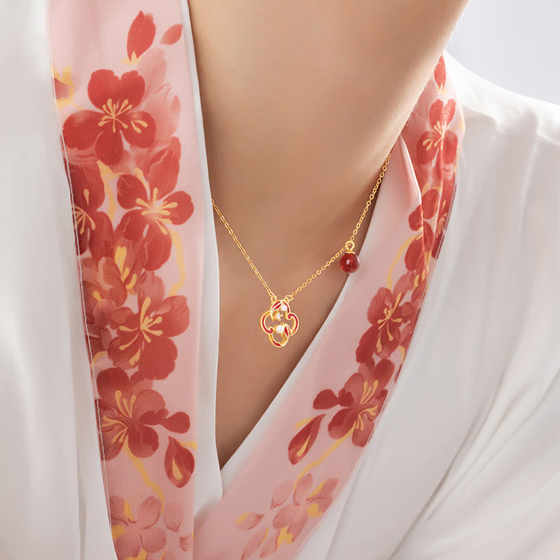 KarmaRipple's 925 Sterling Silver Four Leaf Clover Koi Fish Red Agate Pearl Wealth Bracelet Pendant Necklace Earrings Set p9