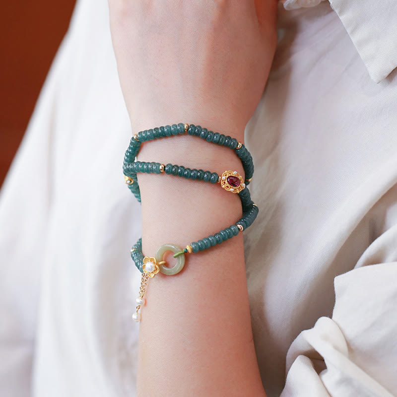 KarmaRipple's 925 Sterling Silver Gold Plated Cyan Jade Flower Peace Buckle Success Triple Wrap Bracelet p10