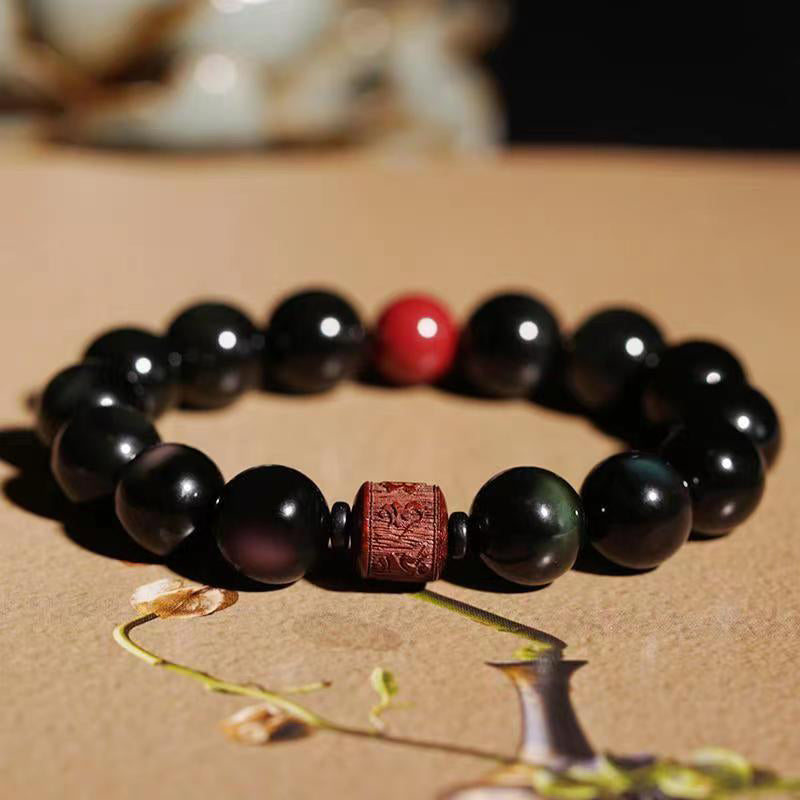 KarmaRipple's Authentic Gold Sheen Obsidian Rainbow Obsidian Om Mani Padme Hum Fu Character Balancing Bracelet p60