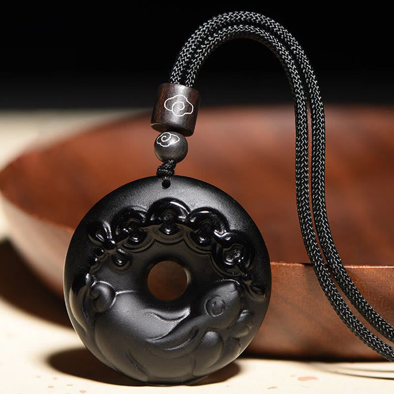 KarmaRipple's Chinese Zodiac Authentic Black Obsidian Peace Buckle Strength Pendant Necklace p1
