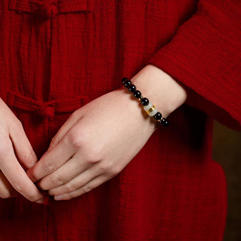 KarmaRipple's Black Obsidian Jade Om Mani Padme Hum Strength Pair Magnetic Bracelet p8